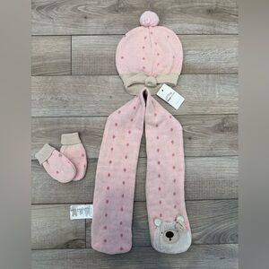 Pink & Tan and Navy Blue Knit Scarf and Hat Set with Faux Fur Pom Poms